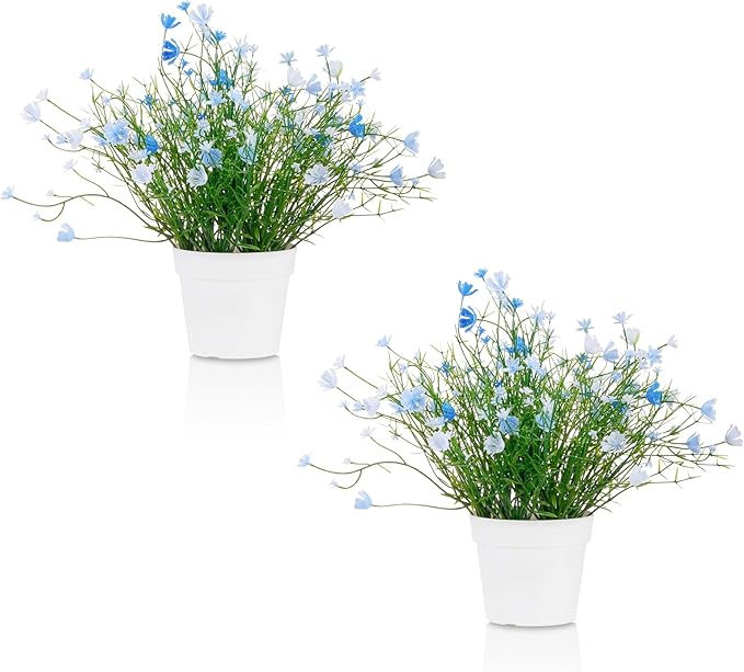 Artificial Babys Breath Potted Fake Plants with Flowers Faux Plants Indoor for Home Office Bookshelf Table Room Decor, Blue (Pack of 2)