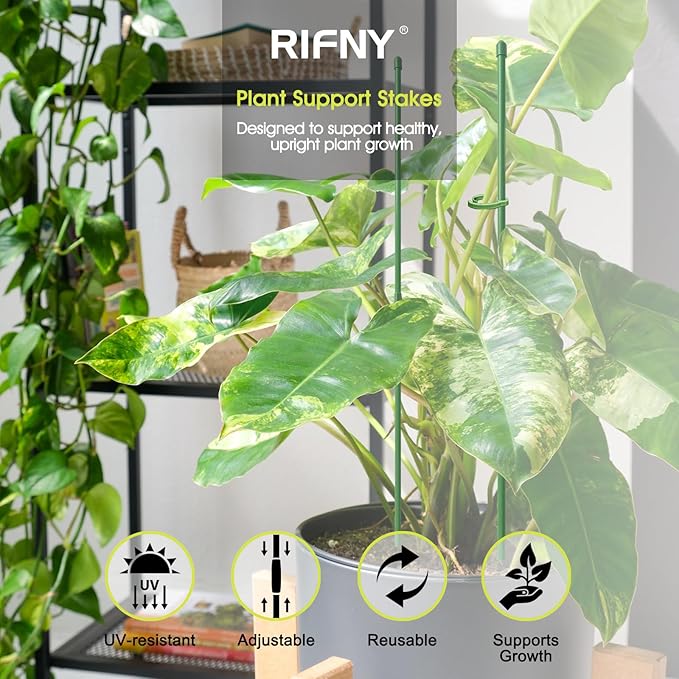 RIFNY Plant Stakes for Indoor Plants, 14 Inch Plant Support Stakes with Clips, Tall Adjustable Plant Sticks for Indoor Monstera Tomato Orchid Potted Plants Flower (6 PCS, Green)