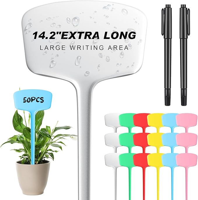Colingmill 50 Pcs 14.2 Inch Plastic Plant Labels Tags T Type Plant Markers with Pen for Outdoor Indoor Garden Pot Herbs Flowers Vegetable(Multicolor)