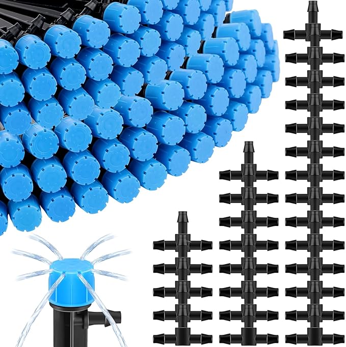Rossesay 200 Pcs Drip Irrigation Kit for 1/4" Tubing Include 100 Drip Irrigation Emitter Adjustable Fan Shape Drip Irrigation Parts and 100 Barbed Tee Fittings Barbed Connectors for Garden Lawn Patio
