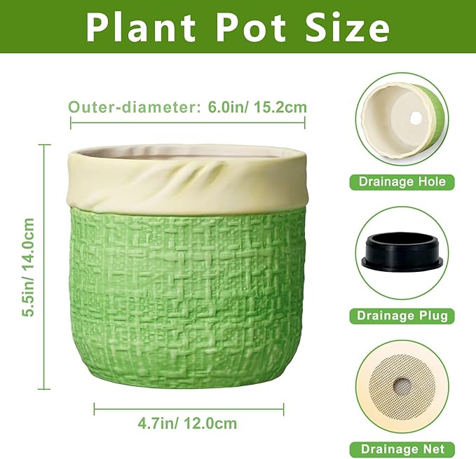 Ceramic Plant Pots - 6 Inch Plant Pot with Drainage Hole, Boho Planters for Indoor Succulent Plants, Decorative Round Unique Flower Pots, Garden Home Office Decor, Housewarming Gifts, Green