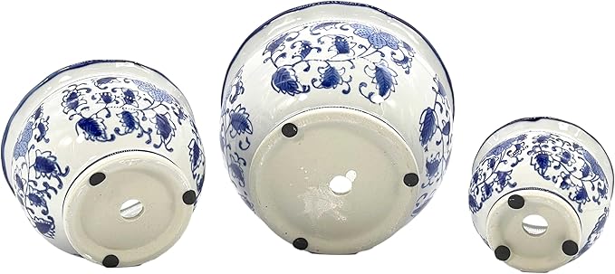 Galt International Blue & White Floral Porcelain Ceramic Decorative Compact Flower Pot 8"/6"/4.5" Diameter Garden Pots Chinese Asian Design - Set of 3 Round Pots