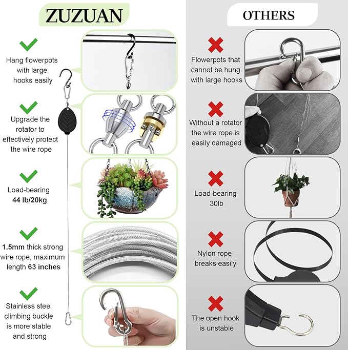 2026Upgraded 3Pcs Heavy Duty Retractable Plant Hanger, 44lbs Load, Auto Lock, Adjustable Hook for Hanging Plants, Bird Feeders, Wind Chimes, Garden Pots,Rust-Proof Stainless Steel,Black