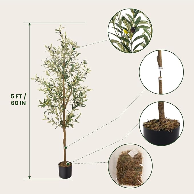 Artificial Fake Olive Tree 5FT Tall 1Pack Faux Silk Olive Tree for Home Living Room Office Decor Faux Artificial Plants Indoor Fake Potted Plants with Fruit & Free Moss