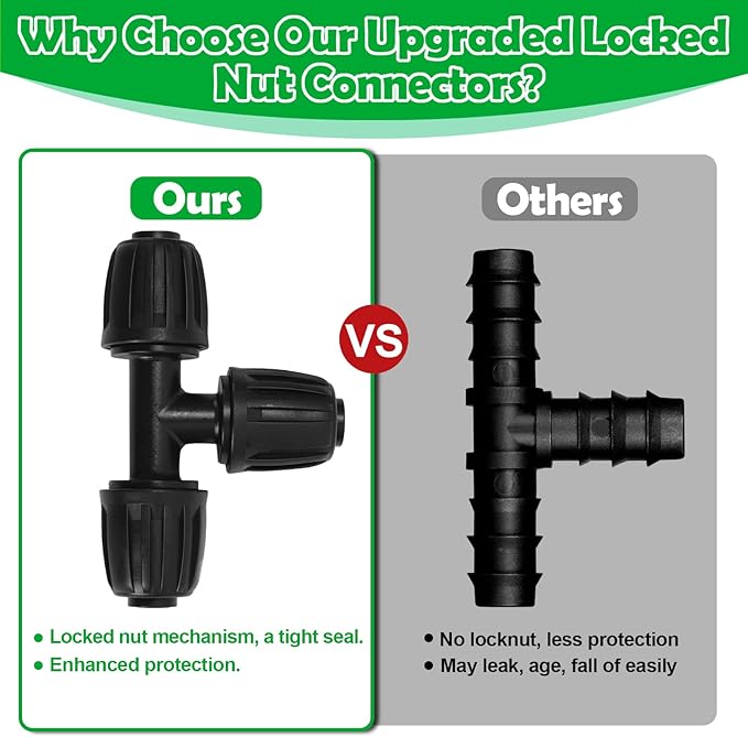 10 Pack 1/2 Inch Drip Irrigation Tee Fittings (1/2" ID x 0.65" OD) - 1/2'' Drip Line Anti-Drop Barbed Lock Nut T Connectors for 1/2 Inch Drip Irrigation Tubing System Connection