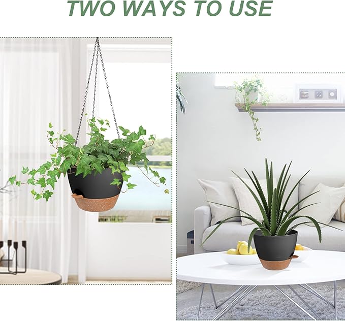 Vanslogreen Hanging Planters for Indoor Outdoor Plants, 2 Pack Self Watering Hanging Pot with Drainage Holes & Removable Tray (Black, 10'')