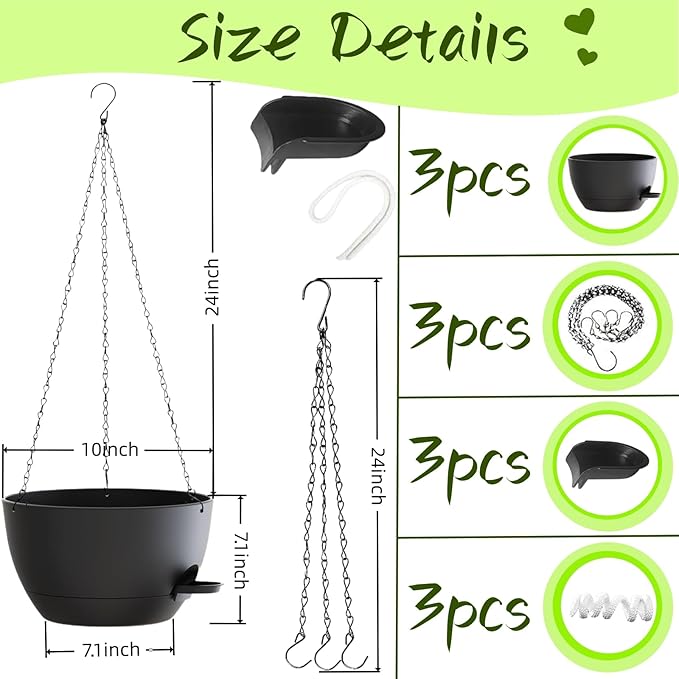 3 Pack Hanging Planters for Indoor Outdoor Plants, 10 Inch Self Watering Hanging Pots for Plants, Plastic Hanging Flower Baskets for Plants Hanger with Drainage and Tray, Chain (Black)