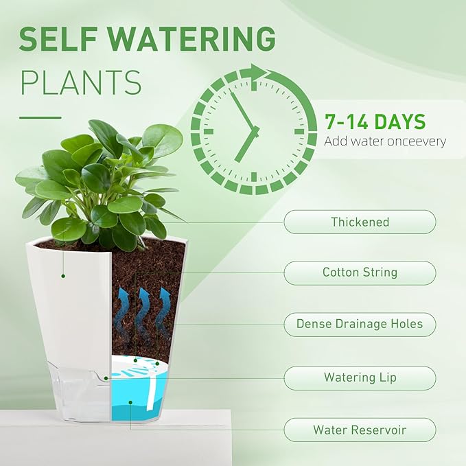 6-Pack Self Watering Planter Pots, 5 Inch Plastic Planters with Drainage Holes, Cotton Rope and Trays, Decorative Flower Pots for Indoor Outdoor Garden Plants (White)