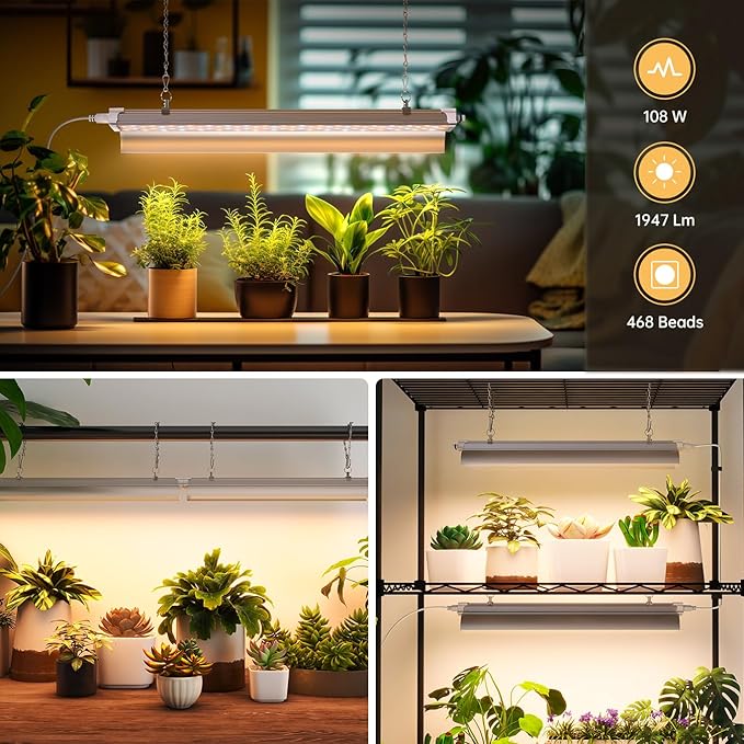 1.4FT Hanging Grow Light for Indoor Plants, Full Spectrum with 660nm Red LED, T5 2020T Light Fixture, 108W(6×18W) Grow Lamp with Reflectors for Seedling Tray, 6-Pack