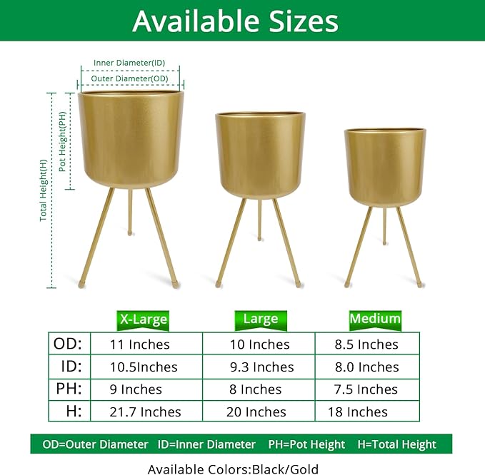 Mid-Century Metal Flowerpot with Stands, Gold Stylish Modern Floor-Standing Flowerpot,Suitable for Orchid, Aloe Indoor Outdoor Decoration 8.5'' Wide 18'' high