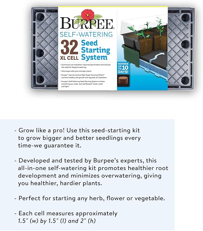 Burpee XL Self-Watering Growing System Indoor Seed Starting 10" W x 20" L x 5" H, 1 Kit (32 Cells)