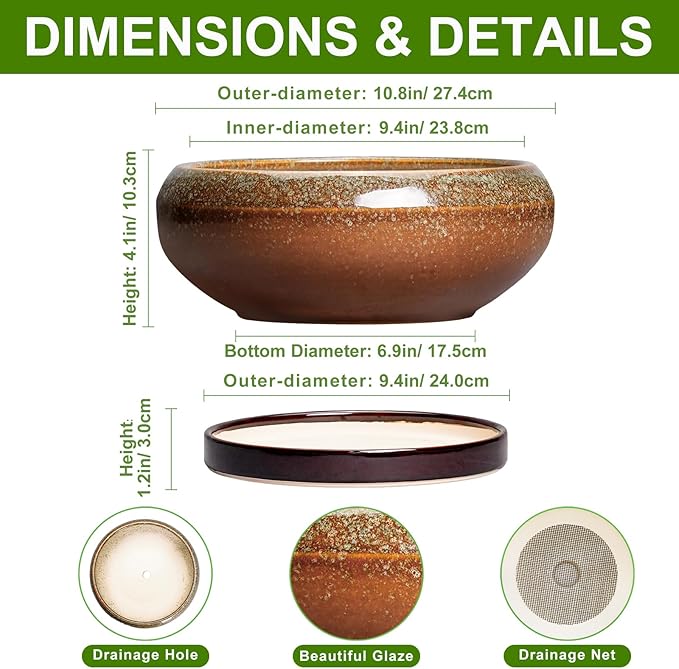 Bonsai Pots - 10 Inch Ceramic Succulent Pots with Drainage Hole and Saucer, Bonsai Planter for Indoor Outdoor, Large Shallow Planter Bowl, Office Decor, Gifts for Plant Lovers, Retro Brown