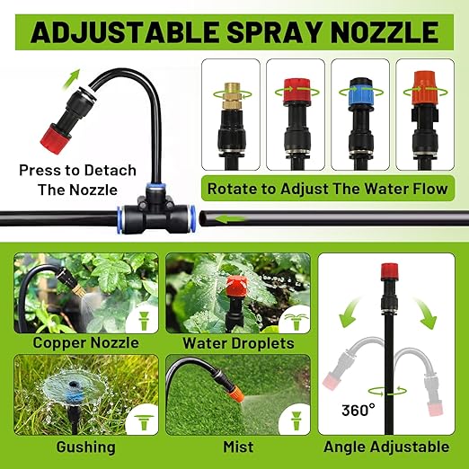Drip Irrigation Kit - 100ft Automatic Watering System with 24 360° Sprinkler Nozzles, T-Connectors for Garden, Lawn, Greenhouse, Patio Plants & Hydroponics