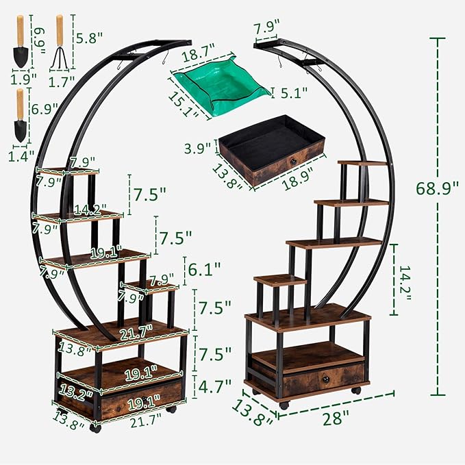 71” Tall 2 PCS Half Moon Indoor Plant Stand with Lockable Wheels, 14-Tier Plant Shelf with Drawer & Accessories, Plant Holder Display Rack for Multi-plants, Plant Rack for Balcony Living Room