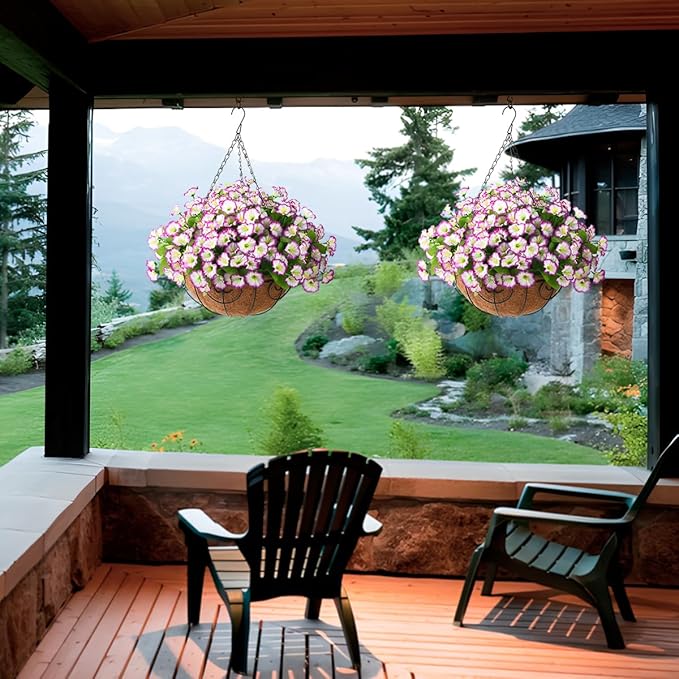 Homsunny Artificial Hanging Flowers in Basket,12 inch Silk Flower Coconut Lining Hanging Baskets,Fake Hanging Plants in for Outdoors Courtyard Decor(Light Purple)