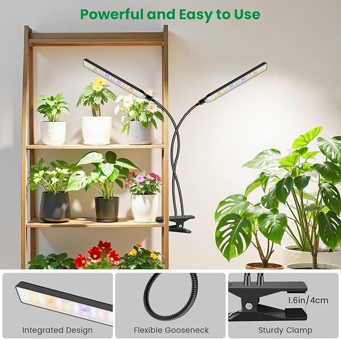 Aumtrly Grow Light Clip on 2 Pack, 228 LED Full Spectrum Plant Lights for Indoor Growing, 2 Head Black Arm Grow Lamp with Gooseneck, 6/12/16H Timer, 5 Dimming, 3 Light Mode