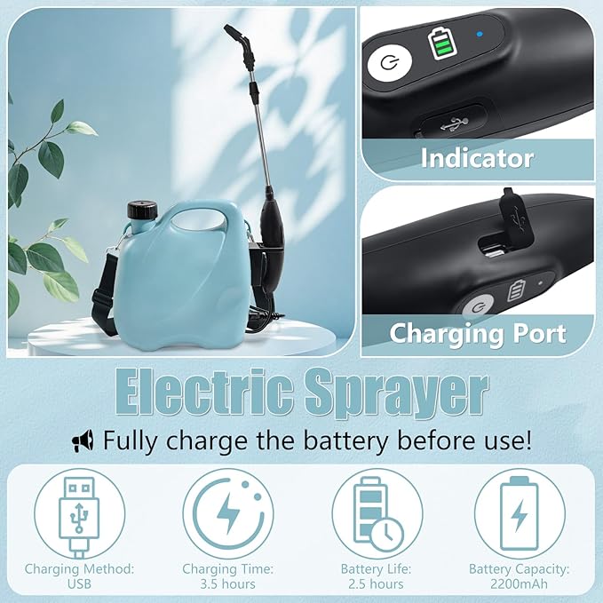 Battery Powered Sprayer 2 Gallon, Electric Garden Sprayer in Lawn with 3 Mist Nozzles, USB Rechargeable Handle, Retractable Wand, Yard Pump Sprayers with Adjustable Shoulder Strap for Plants