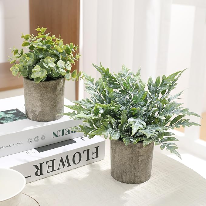 3 Pack Mini Potted Fake Plants Artificial Plastic Indoor Eucalyptus Plants for Home, Office, Desk, Bathroom, Coffee Table & Shelf (Green)
