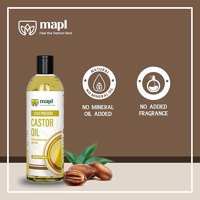 MAPL Castor Oil 6.76 Fl Oz (200 ml) – Organic Arandi Oil for Hair, Skin, Eyebrows & Eyelashes – Cold-Pressed, Unrefined & 100% Natural Superfood – Traditional Indian Hair Care, Food Grade & Edible