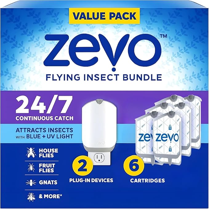 Zevo Lying Insect Trap Kit – 2 Plug‑in Fly Traps + 6 Refill Cartridges – No‑Mess Indoor Trap for Gnats, Fruit & House Flies