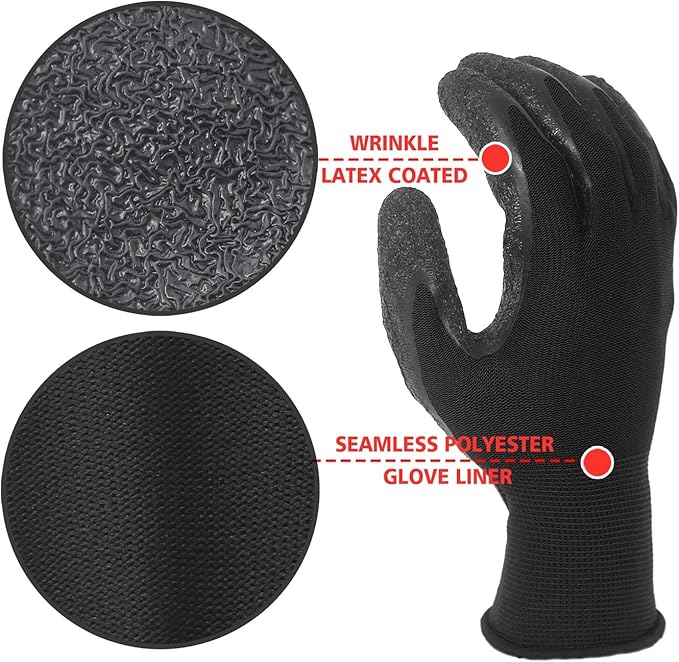 Evridwear Crinkle Latex Rubber Hand Coated Safety Work Gloves for Men Women General Multi Use Construction Warehouse Gardening Assembly Landscaping,Black Small 120 Pairs Pack