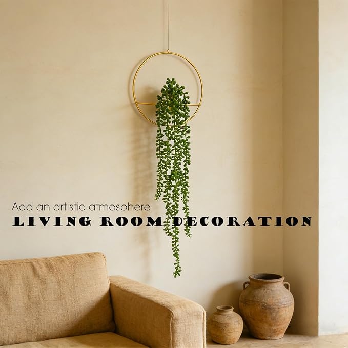 GREENTIME 2 Pack Artificial String of Pearls 22" Fake Hanging Plants with 8" Round Metal Wall Decor for Living Room Indoor Outdoor Bedroom UV Resistant No Maintenance Boho