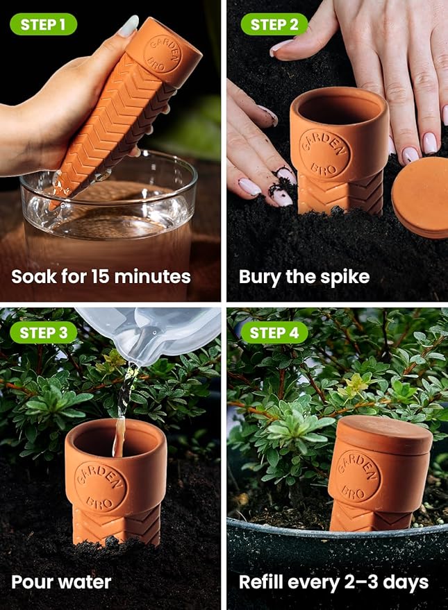 8pc Olla Watering Spikes For Plant Watering With Lids - Automatic Terracotta Self Watering Spikes For Indoor Plants & Outdoor - Terracotta Watering Spikes For 8" Pots Or Larger Water Plants While Away