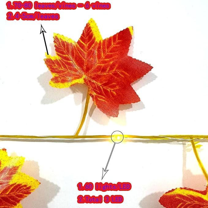 6 Pcs Artificial Hanging Plants Red Maple Leaf Vines With 60 Warm Lights,Red Maple Tree Vine Leaves,Fake Plant Vine Hanging Garland for Wall,Party Wedding,Home,Kitchen,Indoor and Outdoor Decoration