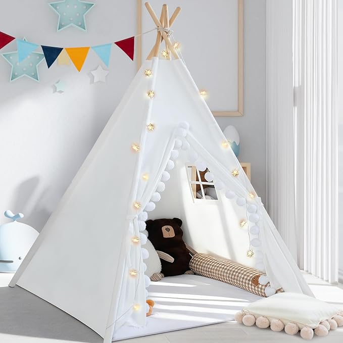 WIRHAO Teepee Tent for Kids with Padded Mat Cotton Canvas Kids Teepee with Pompom for Toddlers Indoor Play Tent for Girls Boys with Stars Lights, Carry Bag, Banner Flag (Snowman)
