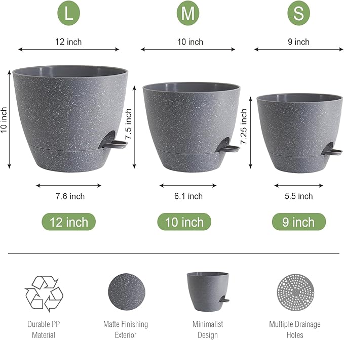 UOUZ Large Self Watering Pots, 12/10/9 Plastic Planters with High Drainage Holes and Deep Reservoir for Indoor Outdoor Garden Plants and Flowers, Grey Speckles