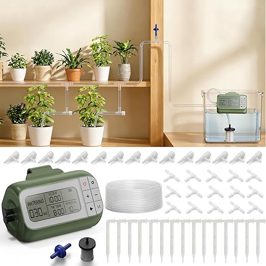 33FT 1/4'' Tube Drip Irrigation Kits, Plant Watering Automatic Garden Irrigation Kits for 15 Potted Plants, Plant Misters for Inside, Irrigation System with Programmable Water Timer