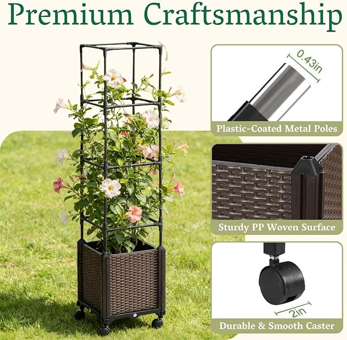 Raised Garden Bed Planter Box with Trellis | Self-Watering Tomato Planter with Wheels for Climbing Plants & Vegetable | Vertical Gardening Tomato Pot with Tomato Cage Indoor Outdoor Patio Greenhouse