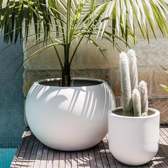 Panlaolao 17 H x 21" Dia (15" Pot Opening) Round Fiberstone Planter with Drainage Hole, White, Indoor/Outdoor Large Plant Pot for Home Patio Garden, Ideal for Large Plants