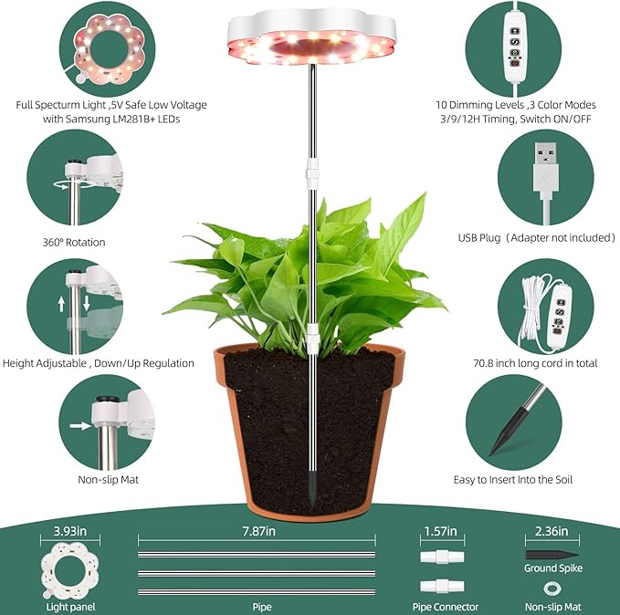 CFGROW Grow Light Full Spectrum Plant Light for Indoor Plants, Height Adjustable Growing Lamp with Auto On/Off Timer 3/9/12H, 10 Dimmable Levels, 3 Light Modes Small Plant Grow Light