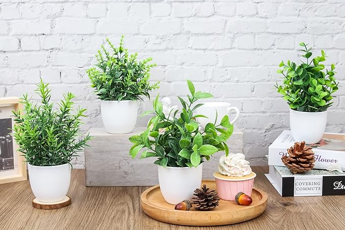 Der Rose Faux Plants Indoor, 4 Pack Small Fake Plants Mini Artificial Plants in Pots for Home Office Shelf Farmhouse Bathroom Decor