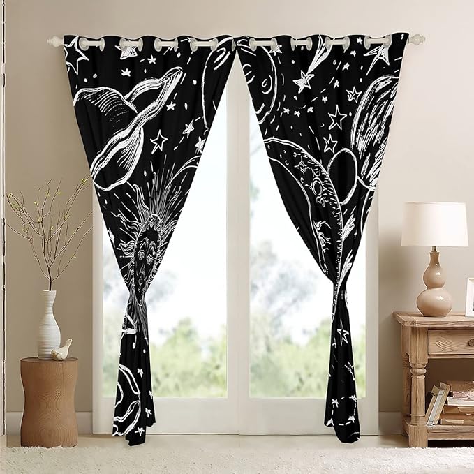 Feelyou Sun and Moon Window Drapes Bohemian Style Curtains Kids Room Decor Boys Girls Galaxy Window Treatments Cosmic Celestial Window Curtains Bedroom Living Room 52W X 63L，2 Panels