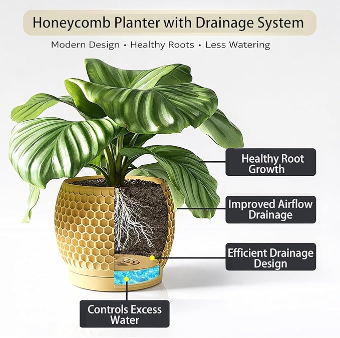 Plant Pots, Modern 3D Printed Honeycomb Planters for Indoor Plants, 4.7/6 Inch Wood Decorative Flower Pot for Office Desktop, Bookshelf & Home Decor, Lightweight & Durable