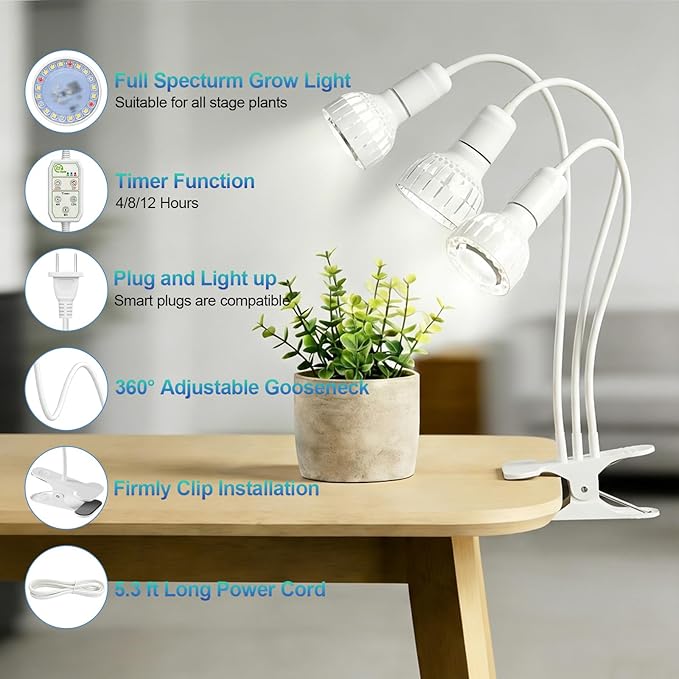 LED Grow Light, Dual-Head 5000K White Full Spectrum Clip-on Gooseneck Plant Lamp for Indoor Desk Plants Growing with 4/8/12H Timer, Bulb Replacement & Smart Plug Compatible (36W Equivalent 240W)
