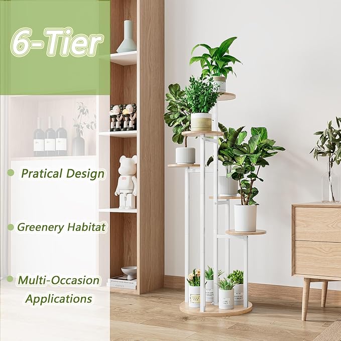 INGIORDAR Plant Stand Indoor Outdoor Corner Flower Stands Multiple Flower Pot Holder for Patio Garden Balcony Living Room 6 Tier White+Sonoma Oak