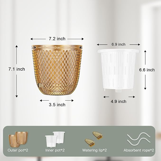 QCQHDU 2 Pack Self Watering Pots, 7.2 Inch Flower Pots with Drainage Holes and Water Filling Port, Garden Planter for Indoor Outdoor Plants (Gold)