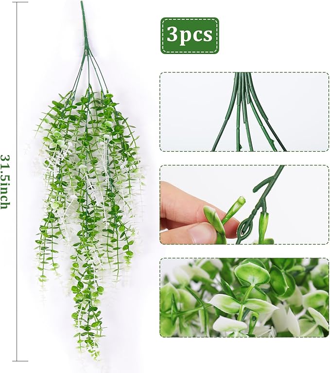 RECUTMS Fake Monkey Plants Hanging Eucalyptus Vines Fake Vines Faux Hanging Plants for Outdoor Garden Yard Backdrop Decor Indoor Room Table Wall Home Hanging Decoration(White)