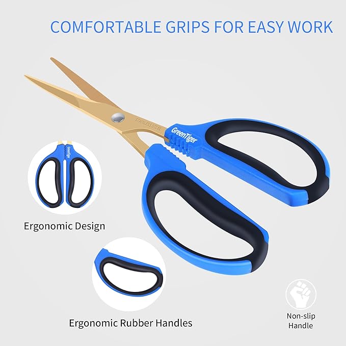GreenTiger Garden Scissors, 65mm Extra-Long Blade, Golden Titanium Coating Pruning Shears, Sharp Precision-ground Stainless Steel Bonsai Shears, Suit for Garden and Home