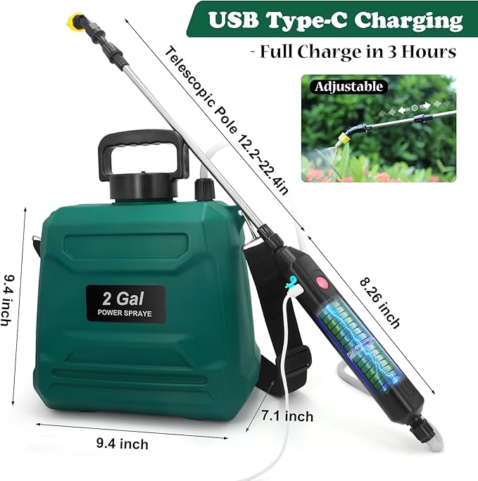 Battery Powered Sprayer 2 Gallon, Powerful Electric Garden Sprayer with 3 Mist Nozzles, USB Rechargeable Handle, Retractable Wand and Adjustable Shoulder Strap for Irrigation, Weeding(Green)