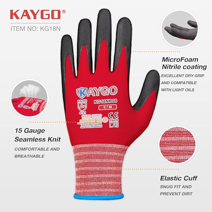 Safety Work Gloves MicroFoam Nitrile Coated-12 Pairs,KAYGO KG18NB,Seamless Knit Nylon Glove with Black Micro-Foam Nitrile Grip,Ideal for General Purpose,Automotive,Home Improvement, Red