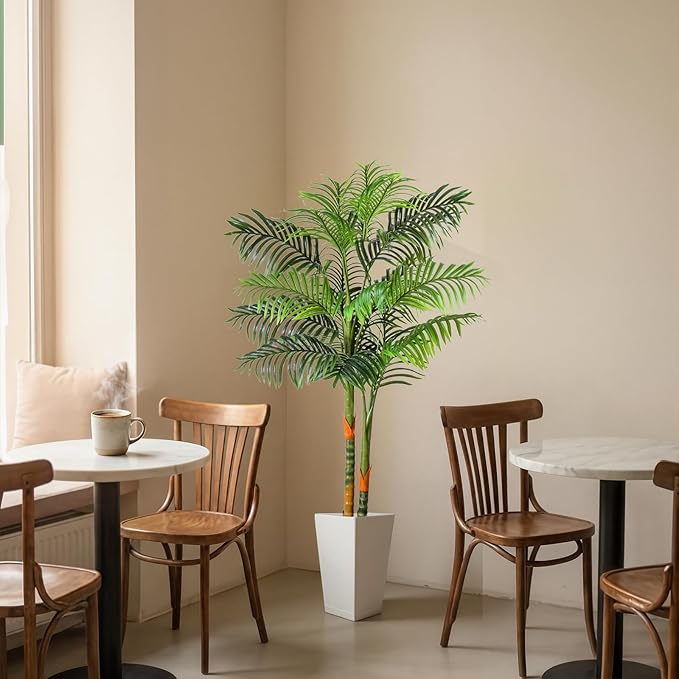 5FT Artificial Palm Tree Tall Plant with Planter & Moss, Realistic 2-Trunk Artificial Tree with Lights, Lifelike Leaves Fake Palm Tree, Low Maintenance Palm Tree Decor for Home Office Living Room