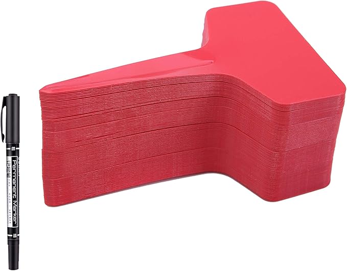 100 Pcs T-Type Plant Labels with a Gel Pen, Waterproof Nursery Plant Tags Plastic Garden Markers, Red, 6 x 10cm