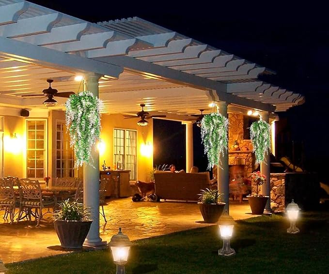 Hanging Monkey Grass Artificial Plants with Lights Outdoor Faux Draping Plants Indoor Artificial Hanging Plants Wall Decor Fake Hanging Planta for Wall House Room Patio Bedroom Decoration(White)