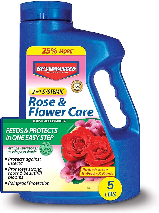 BioAdvanced 3-in-1 Insect, Disease and Mite Control, Ready-to-Use, 24 oz with BioAdvanced 2-in-1 Systemic Rose and Flower Care II, Granules, 5 lb