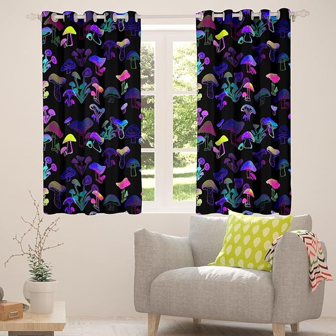 Watercolor Mushroom Curtains & Drapes,Magical Gradient Mushrooms Window Curtains,Botanical Plant Blackout Curtains 2 Panels 42" Wx90 L,Nature Theme Fungi Window Treatments Yellow Blue Purple