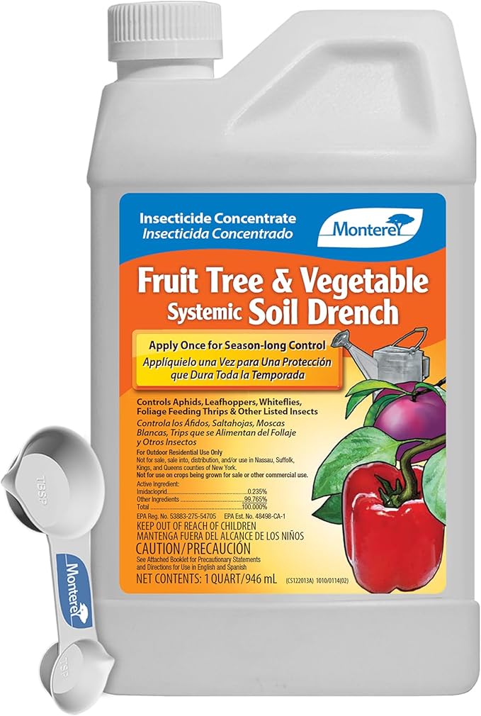 Monterey Fruit Tree & Vegetable Systemic Soil Drench Bundled with Garden Measure Spoon, Apply Once for Season Long Control, Imidacloprid Systemic Insecticide - 1 Quart